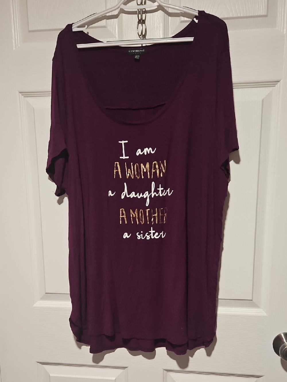 Lane Bryant Purple Graphic Tunic with Gold & White Script
